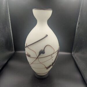 Vintage White w/Dark Brown Abstract Swirls Glass Art Deco Vase MCM